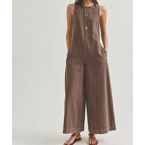 Free People We The Free Do No Wrong Jumpsuit Wide Leg Denim Cotton S 291732